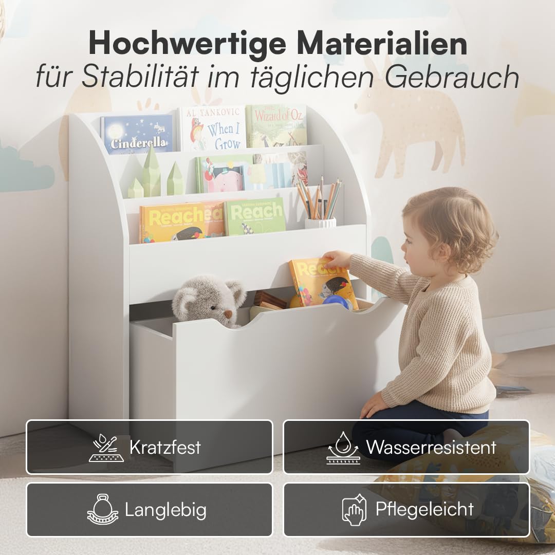 Bellabino Koro Bücherregal Kinder – Regal Kinderzimmer mit 3 Fächern für Bücher – Montessori Kinderregal mit Schublade – Spielzeugregal Aufbewahrung in Weiß – Spielregal aus Holz 79 x 34 x 72 cm