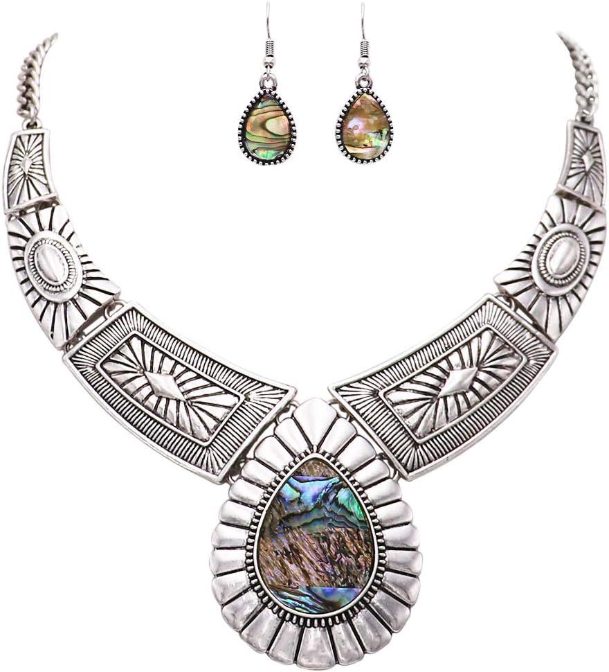 Rosemarie Collections Women’s Chic Western Teardrop Howlite Stone Statement Necklace Earrings Set, 16"+3" Extender