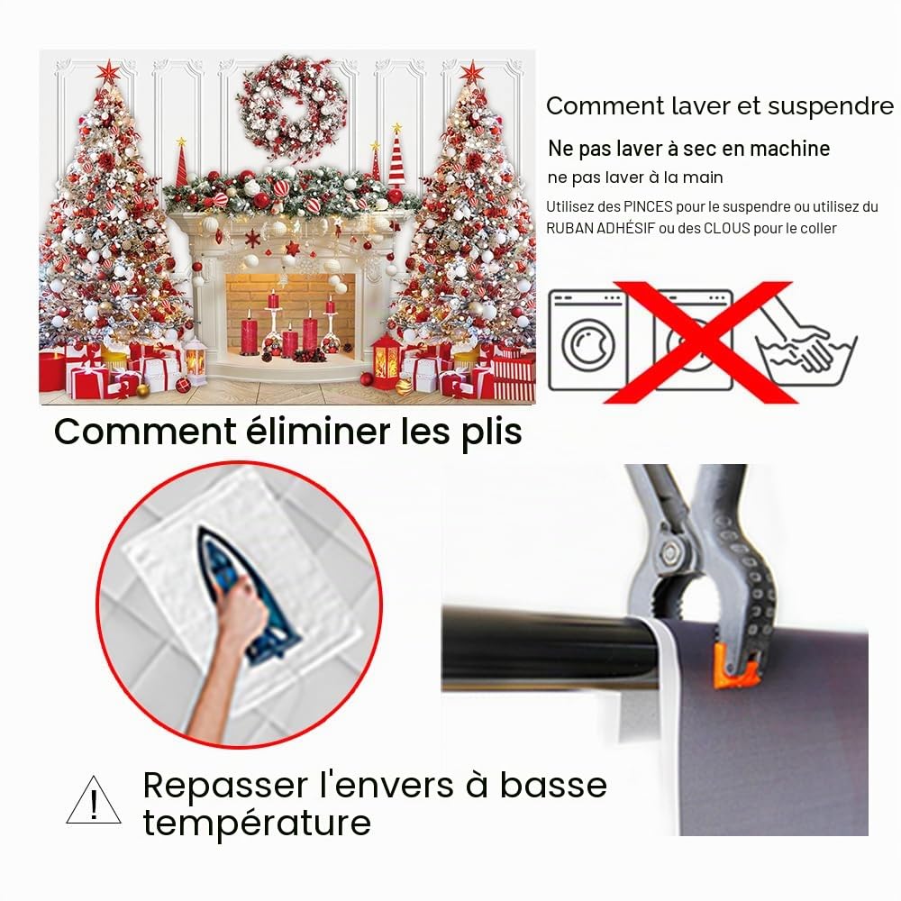 Toile de fond pour cheminée de Noël rouge et blanc - Guirlande de sapin de Noël pour photographie - Décoration de Noël d'hiver pour la famille - Bannière de fête pour enfants (2,4 x 1,8 m)
