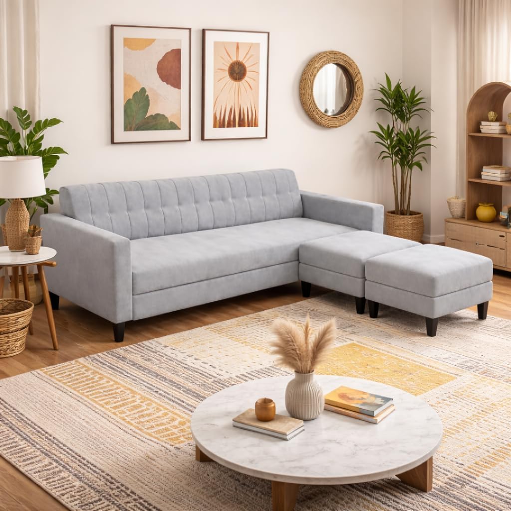 Annabelle Luxe Velvet-Suede Fabric 4 + 2 Sofa Set with Ottomans | Comfortable & Spacious Seating | Modern Sofa Set for Living Room โ Light Grey