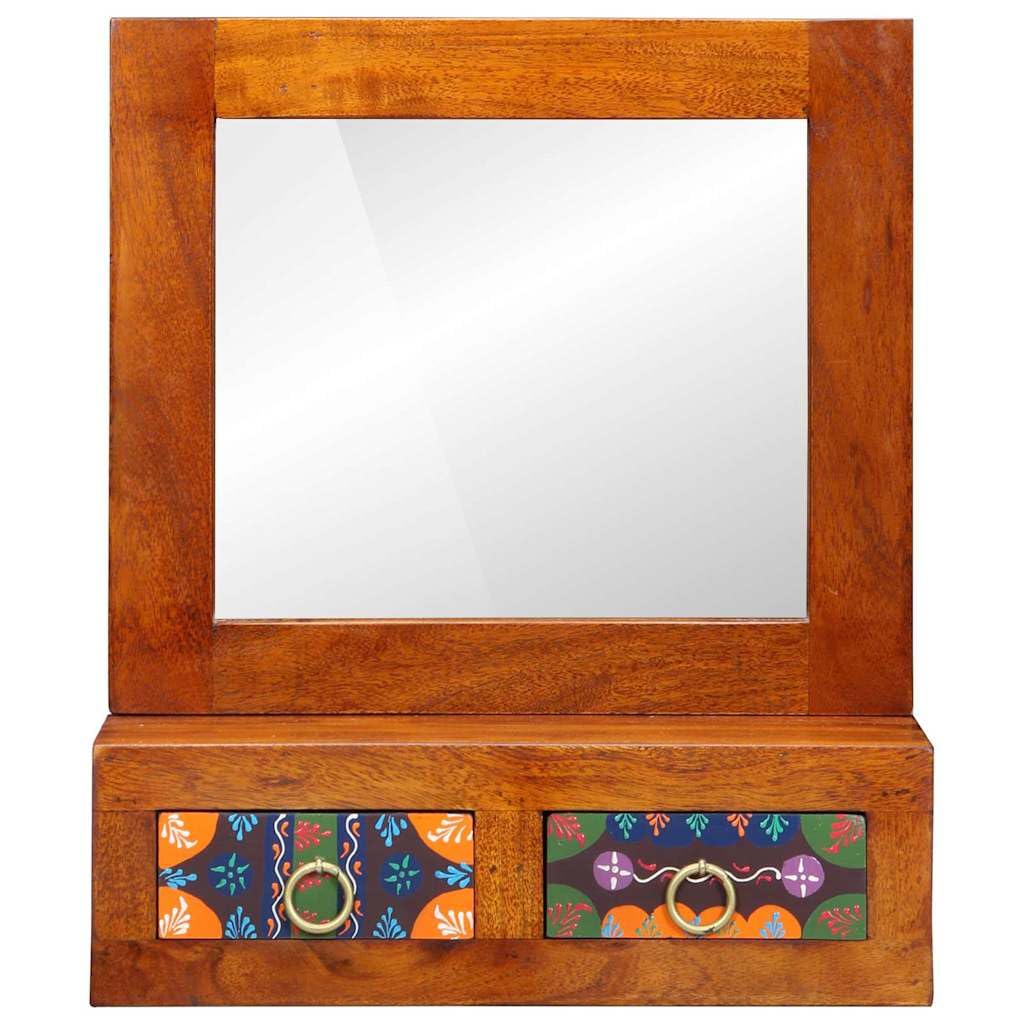 Armoire murale avec miroir marron en bois d'acacia massif 40 x 20 x 50 cm, peu encombrant, avec 2 tiroirs, espace de rangement pour salon, couloir, chambre à coucher, rangement fonctionnel et