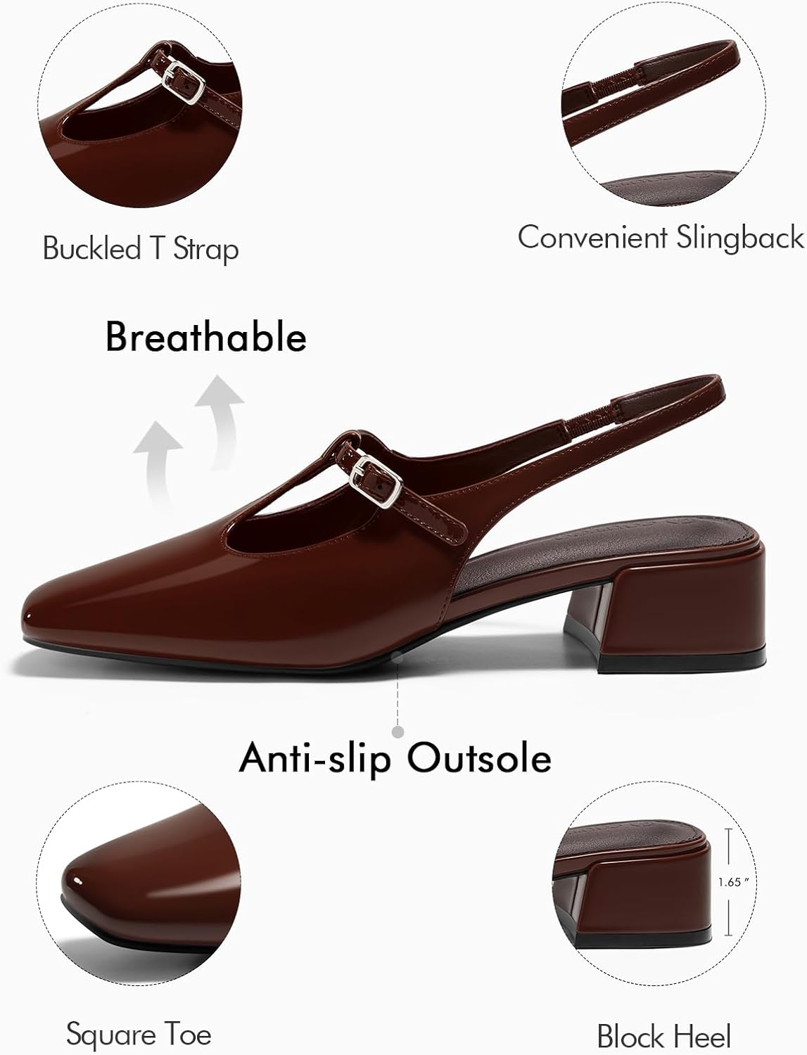 Coutgo Womens Mary Jane Slingback Low Heels T Strap Chunky Heel Closed Toe Pumps Wedding Party Dress Shoes - Image 5