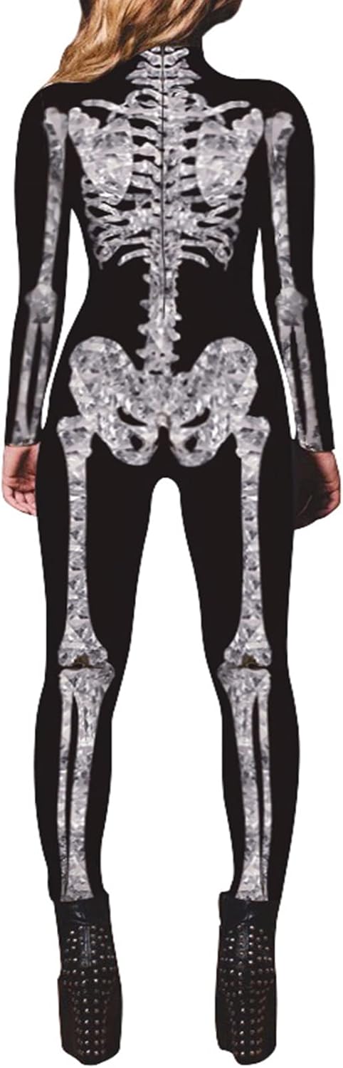 Fixmatti Women Halloween Party Costume Skull Print Long Sleeve Jumpsuit Outfit - Image 2