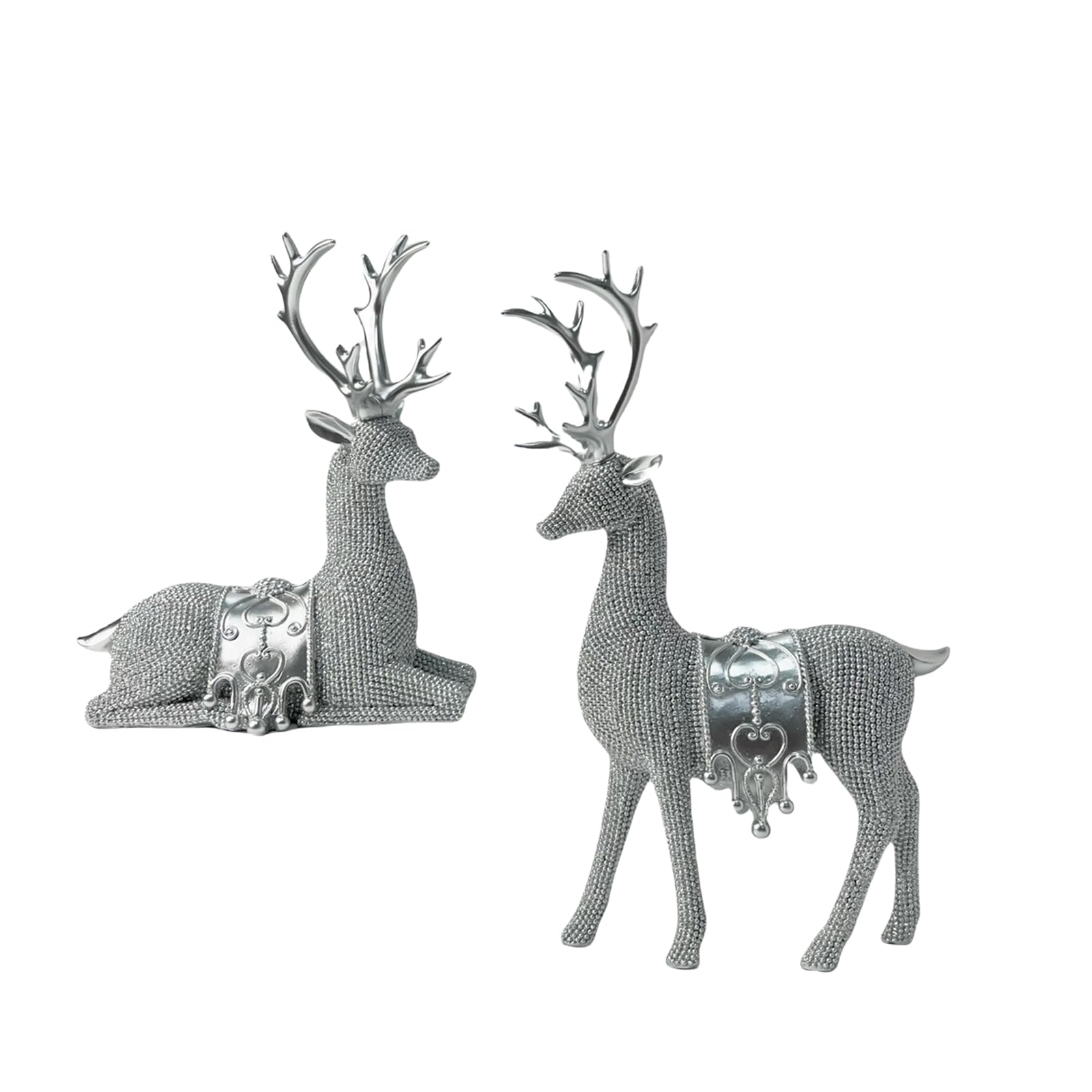 2 statuette di renne luccicanti in resina, cervo seduto in piedi, scultura a forma di animale, ornamenti per decorazioni natalizie