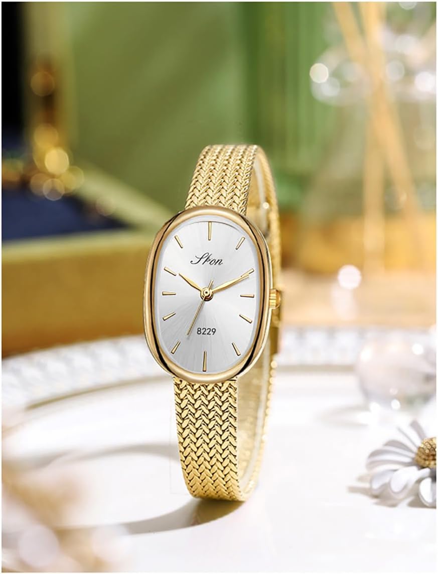 LOREO Elegant Watches for Women Oval Quartz Watch Ultra-Thin Dial, Stainless Steel Mesh Band, Fashion Gold Wristwatch, Easy Reader Ladies Dress Watch - Image 5