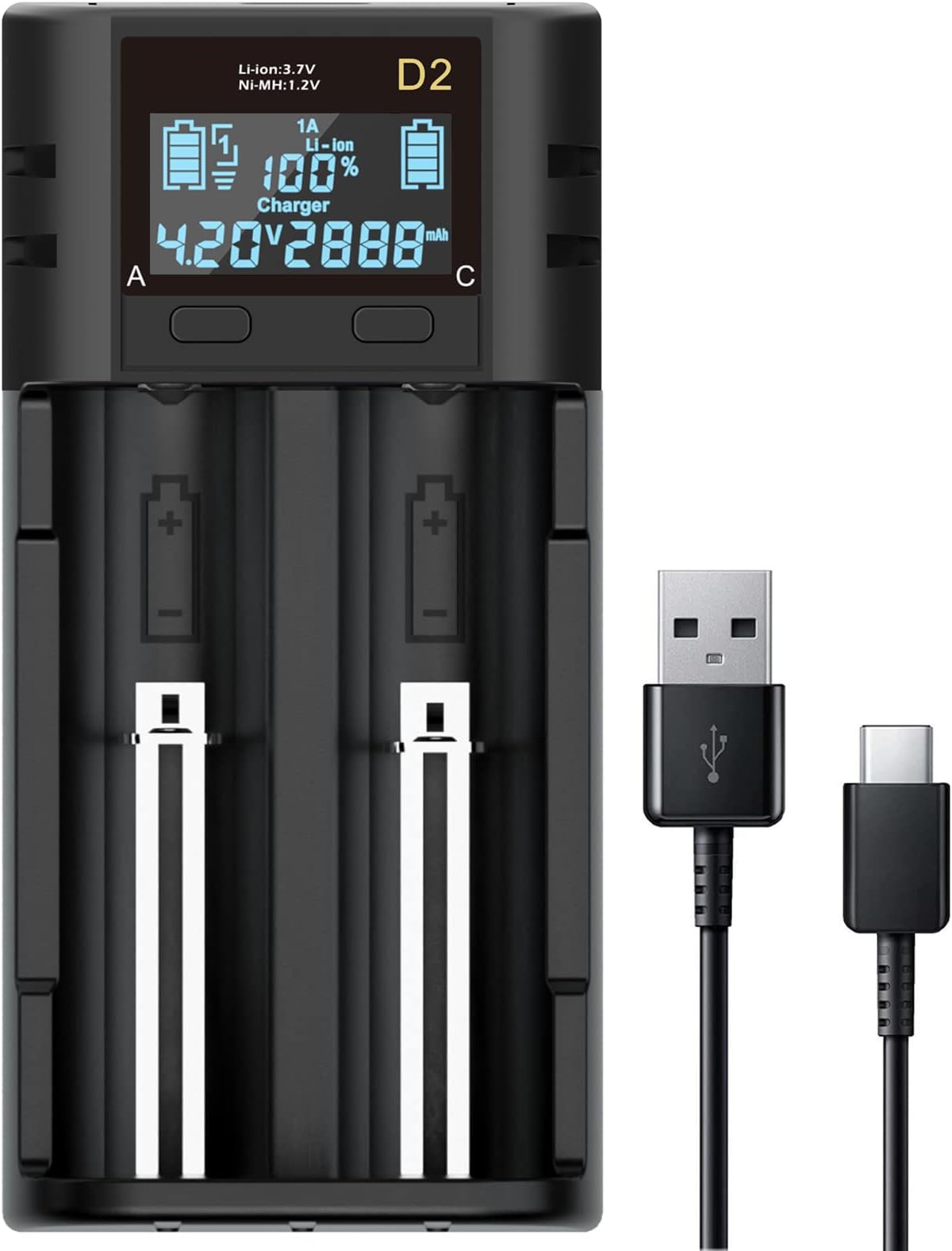 SEVENKA 18650 Battery Charger, 2 Bay Battery Charger with Smart LCD Display Fast Charge for Rechargeable Batteries Li-ion LiFePO4 NI-MH NI-Cd AA AAA C 21700 26650 13650 16340 18350 18700 RCR123