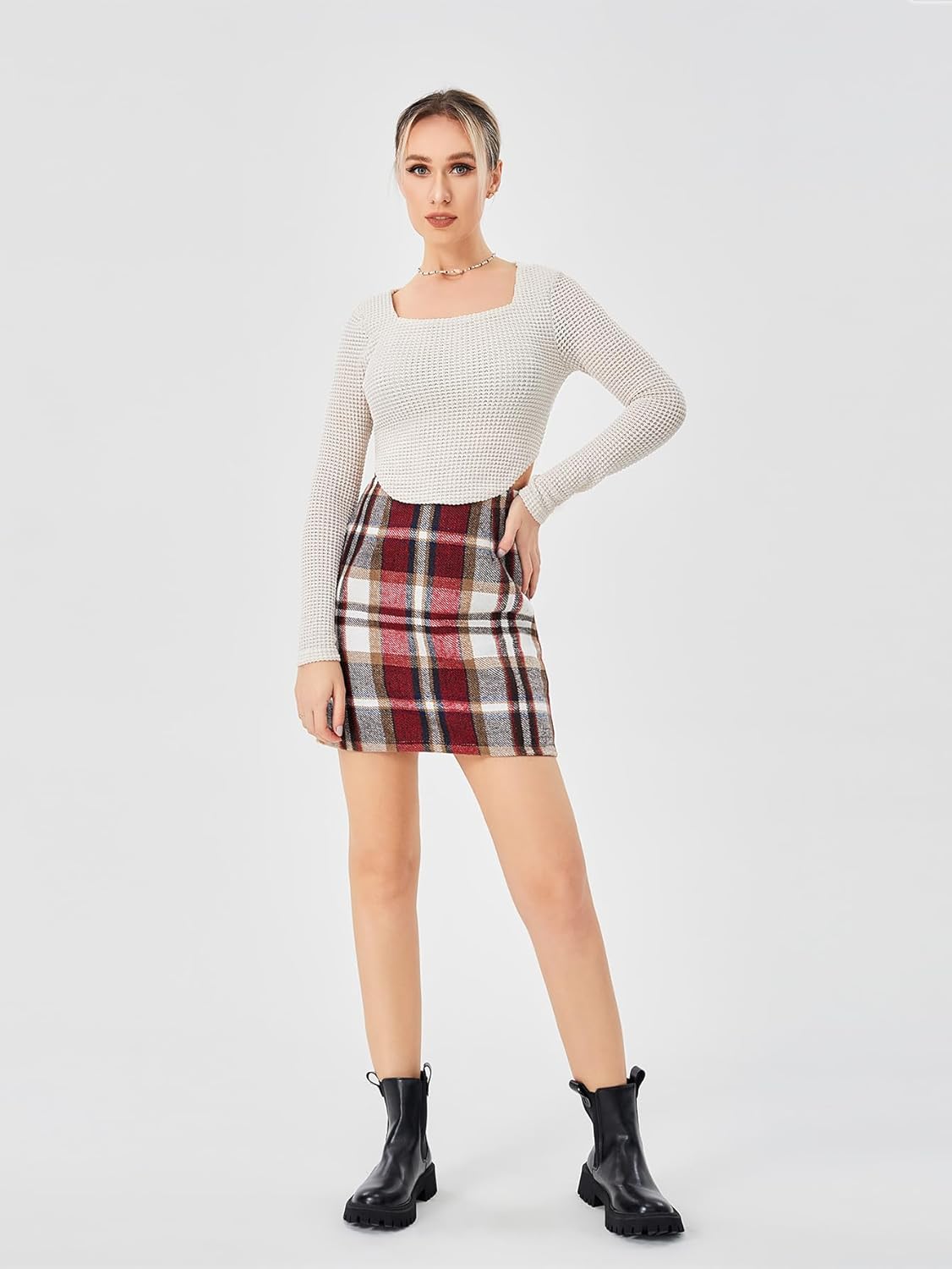 Scacto Women's Casual Plaid Skirt Zipper Side High Waisted Bodycon Mini Skirt - Image 6