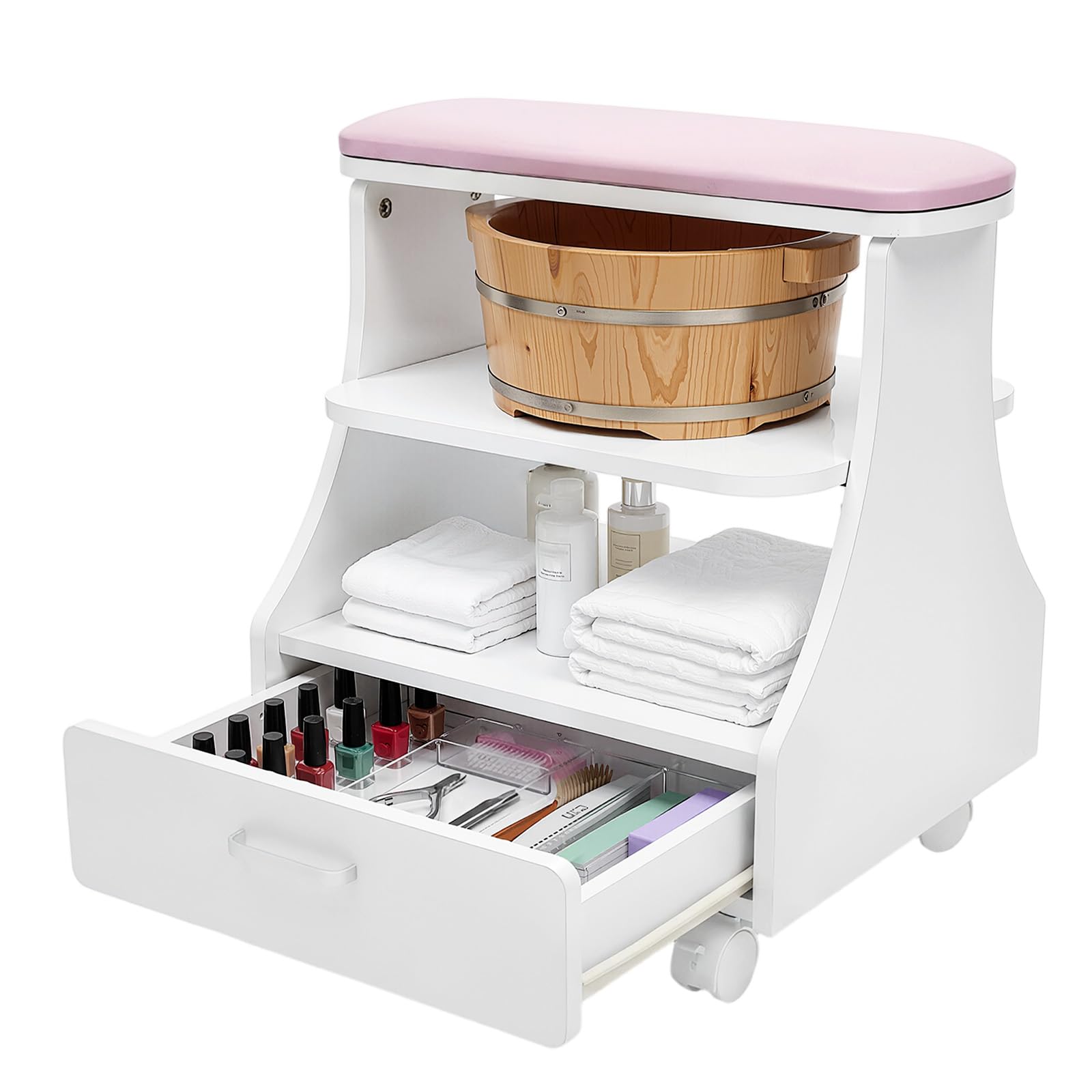Allargare poggiapiedi | Beauty Salon Rolling Trolley | Pedicure Sgabello | Poggiapiedi manicure tavolo con 4 ruote e 1 cassetto, pediluvio Spa Portable Trolley Cart per pediluvi (rosa)