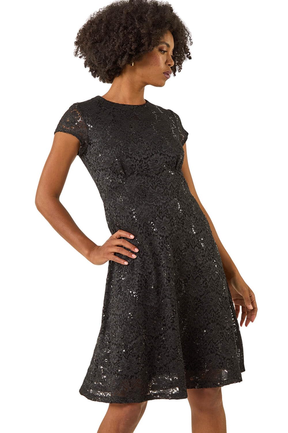 Roman Originals Women's Black Sequin Fluted Hem Lace Stretch Dress For Uk - Everyday Autumn Winter Round Neckline Comfy Soft Evening Vacation Work Party Night Out - Size 14
