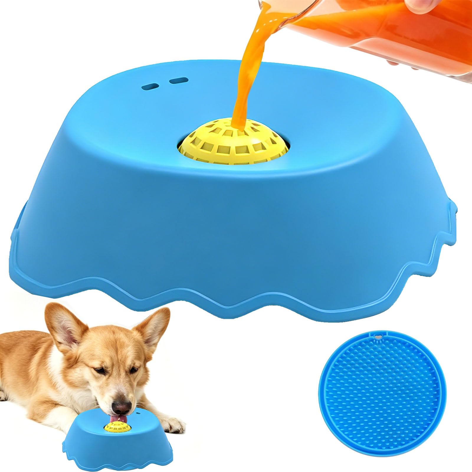 Dog Licking Bowl with Ball - Slow Feeder Dog Bowl with Licking Mat, Anti-Slip Heavy Base, Rolling Lick Ball for Yogurt, Broth & Puree, Enrichment & Calm Feeding for Small & Medium Dogs (Blue)