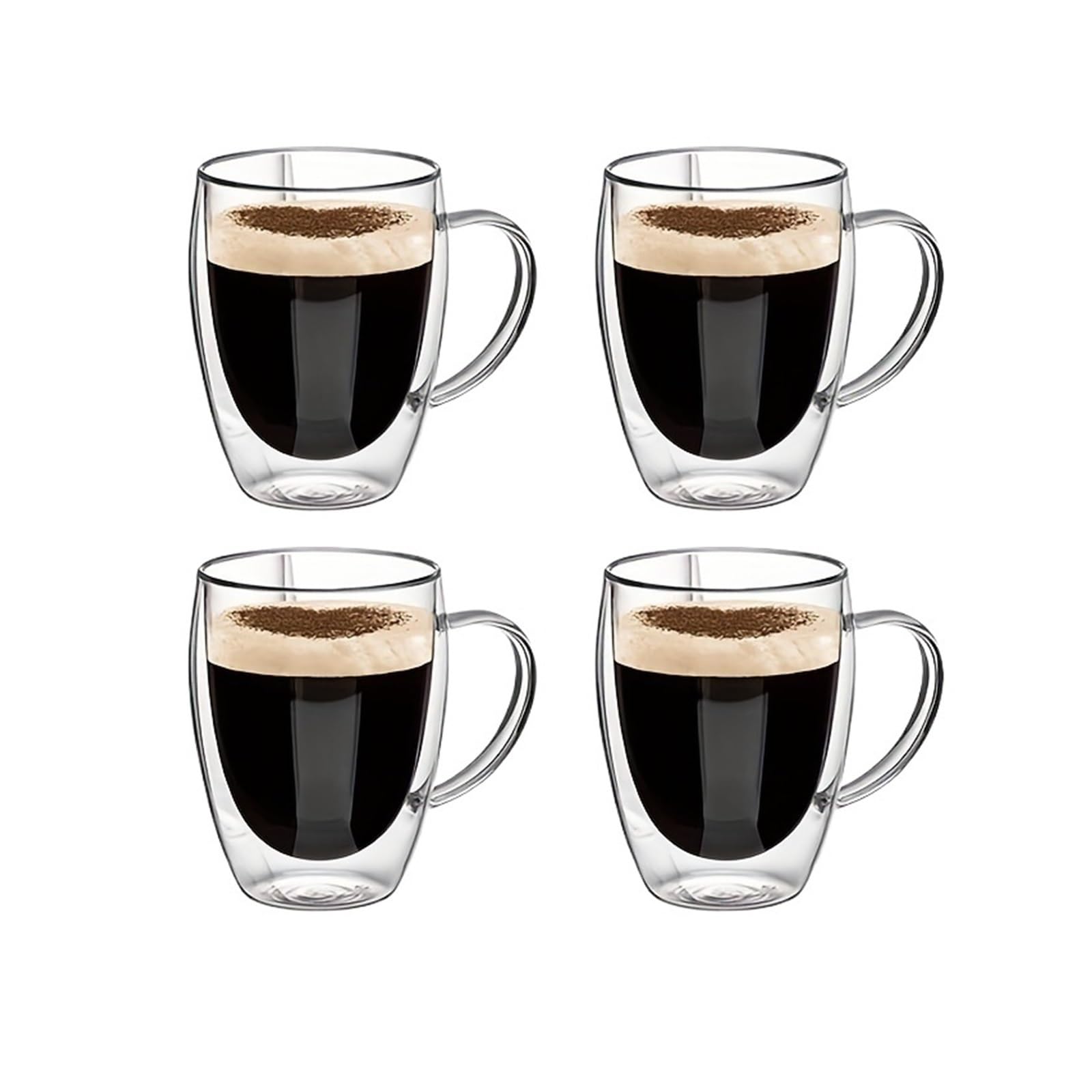 Zestaw 2/4/6 szklanych filiżanek do kawy o podwójnych ściankach 350 ml z uchwytem, przezroczysty szklany kubek cappuccino, kubek do kawy, mleko, herbata, sok owocowy (4 szt.)