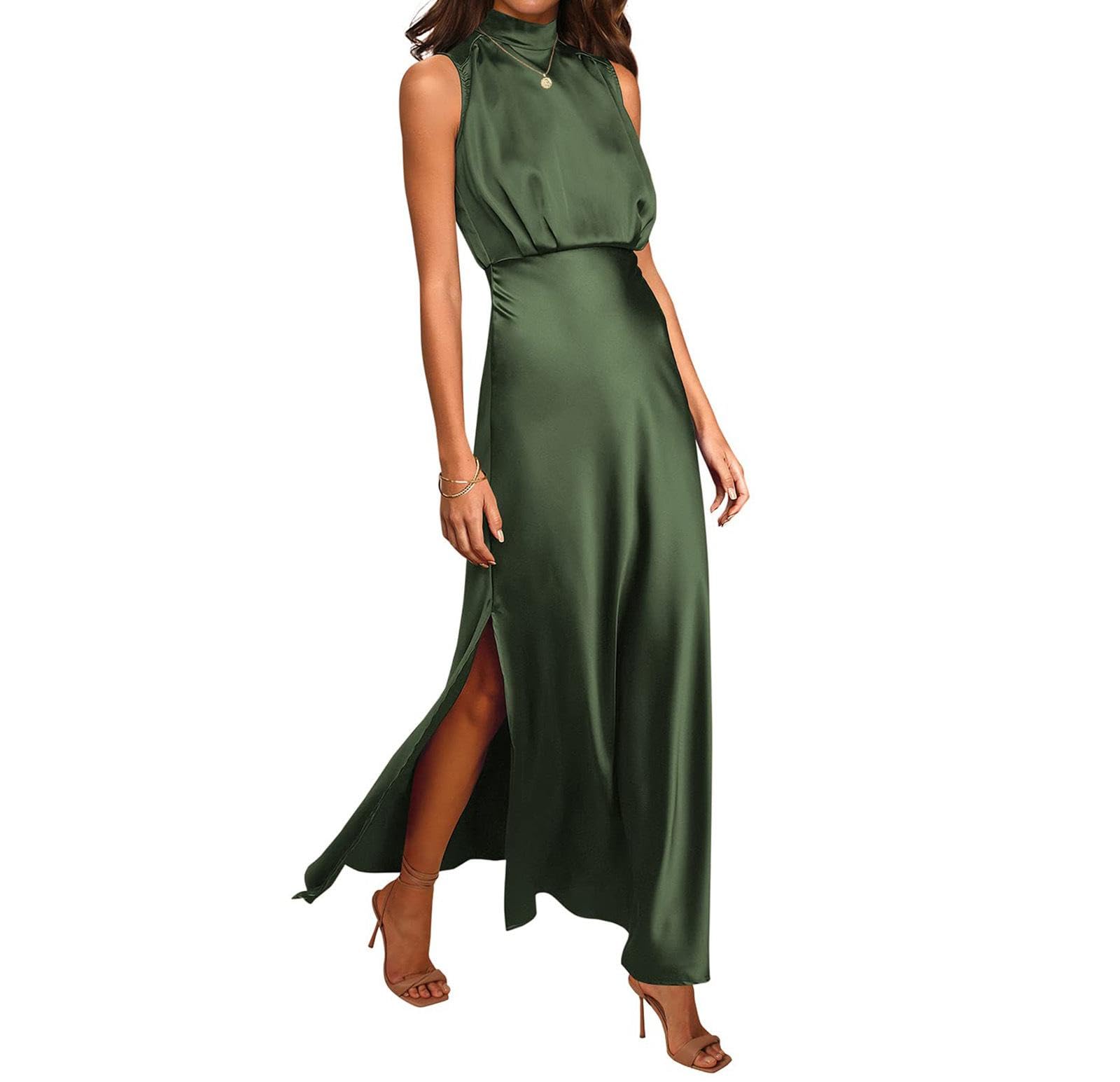 Abito da donna elegante in raso, senza maniche, a vita alta, per matrimonio, formale, per cocktail, per feste