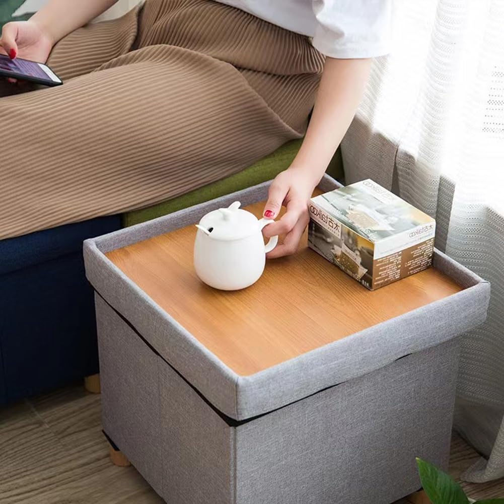 BAKAJI Pouf Contenitore con Rivestimento in Lino, Seduta Imbottita e Comoda, Struttura e Piedini in Legno, Baule Multiuso, 38 x 38 x 38 cm, Ideale per Camera da Letto, Ingresso, Cameretta (Grigio)