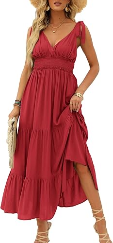 Miniatura 4 de DEEP SELF Vestido largo de verano con cuello en V para mujer, con tirantes delgados, dobladillo con volantes, vestidos largos con volantes