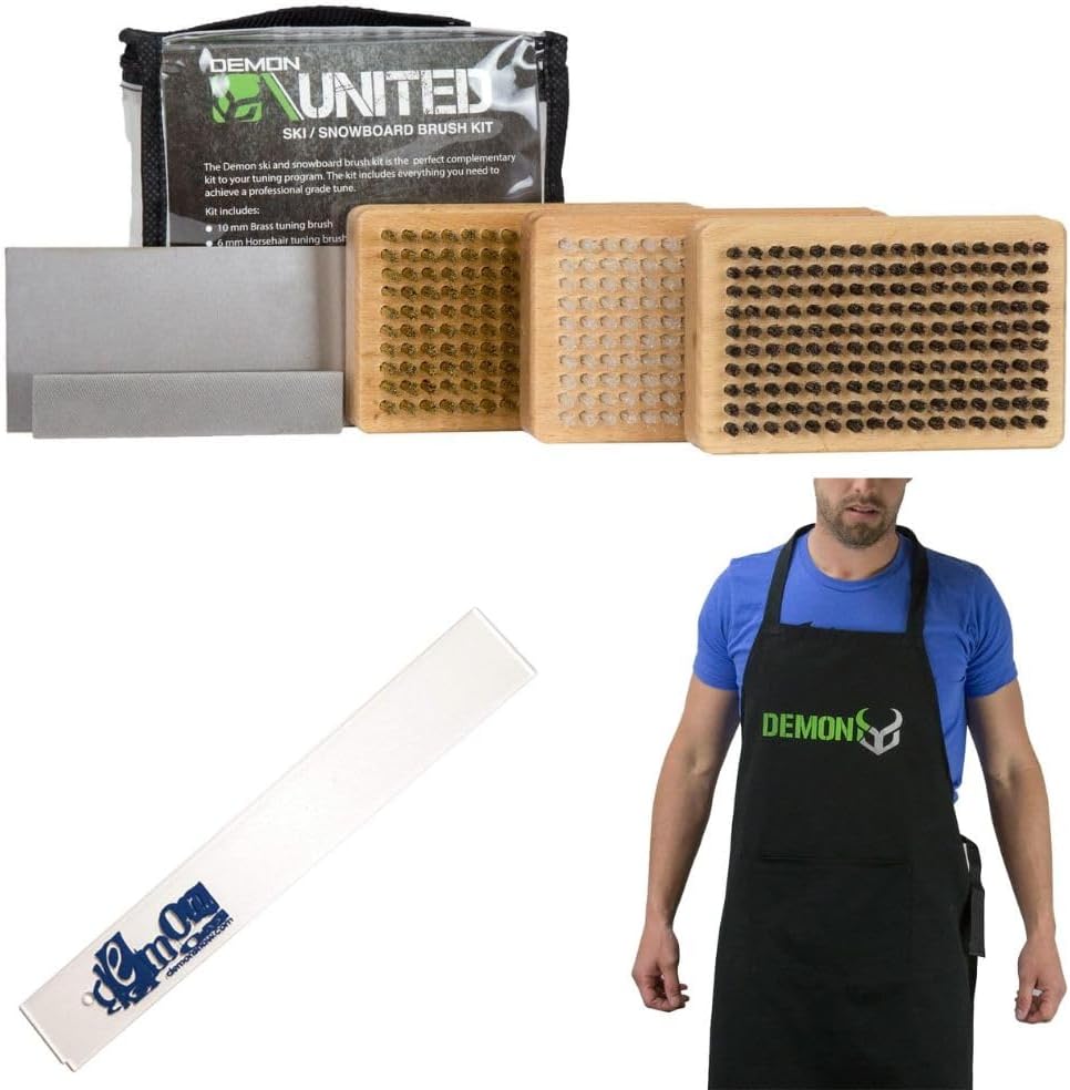 DEMON UNITED Ski/Snowboard Wax Brush Kit - Bonus Includes Metal Scraper and Edge File Includes 14 Inch Wax Scraper and Wax Apron