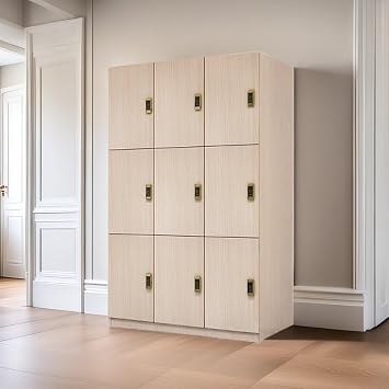 9-Door Storage Locker with Smart Lock, 3-Tier Storage Cabinet Includes Wooden Minimalist Design, Lockers for Employees, Salon/Office/Gym