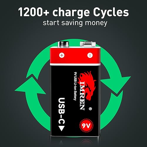 Miniatura 3 de Imren Batteires de litio recargables de 9 V, 3600 mWh USB de 9 voltios de iones de litio recargable de larga duración, con cable de carga USB-C 4 en