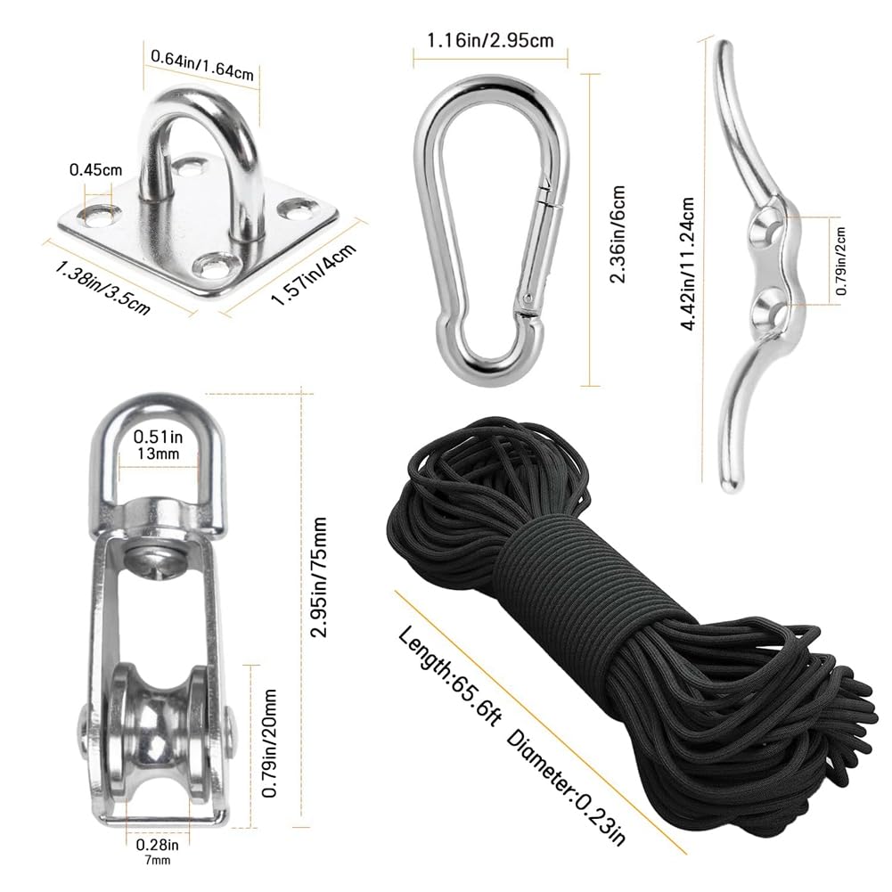 Carrucole Professionali Set Carrucole Per Sollevamento 2 Pezzi - Capacità 150 Kg, Con Fune 20m E Accessori In Acciaio Inox Puleggia Carrucola - 4