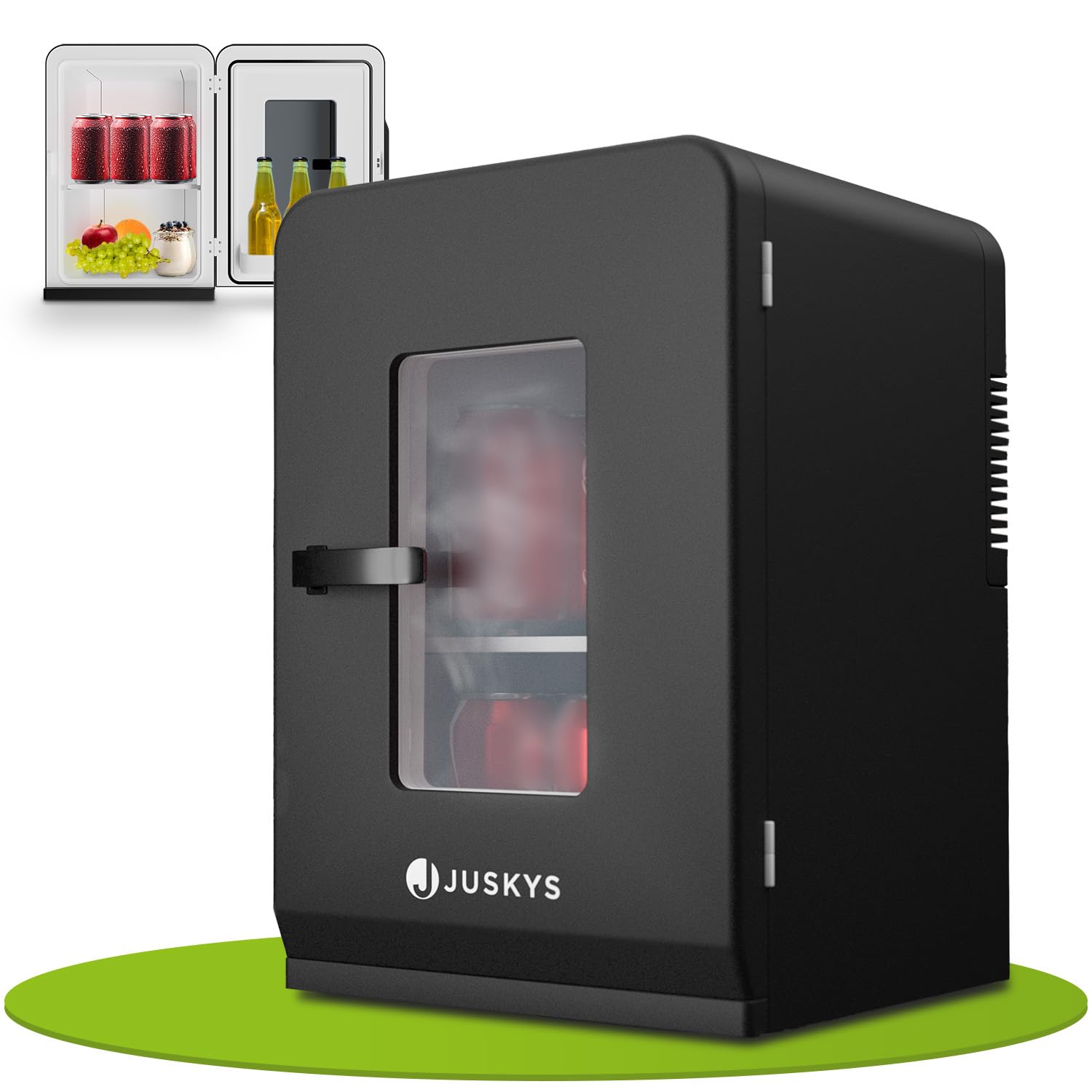 Juskys mini frigo 2-in-1 da 15 L di colore nero – Minibar con funzione di raffreddamento e riscaldamento – Piccolo frigo per bevande da 12 V e 230 V – Per ufficio, campeggio