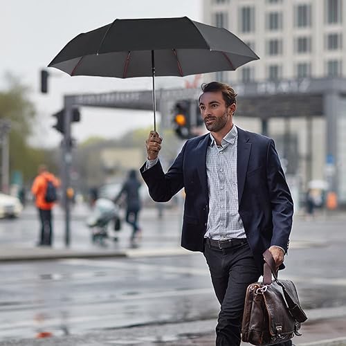 Miniatura 6 de Lejorain Paraguas plegable compacto de viaje Paraguas portátil negro doble toldo automático resistente al viento Plegable llamativo rojoamarillo