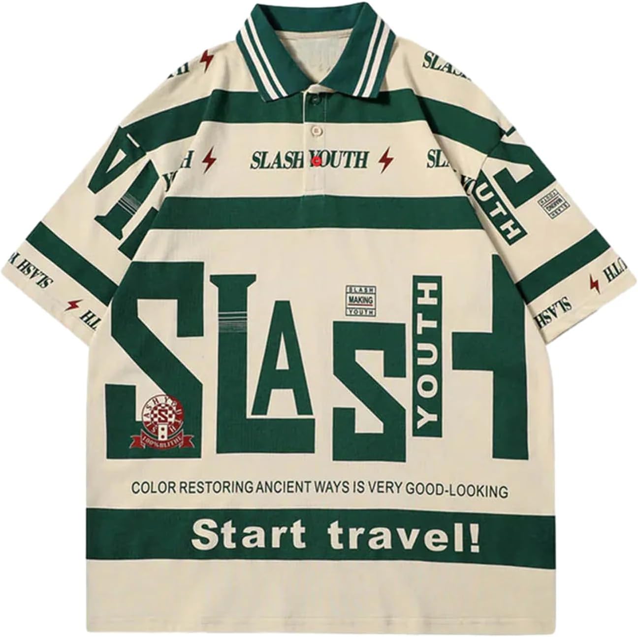 Striped Polo Retro Letter Graphic Print Tees Oversized Heavy Shirts Polo Streetwear Tops