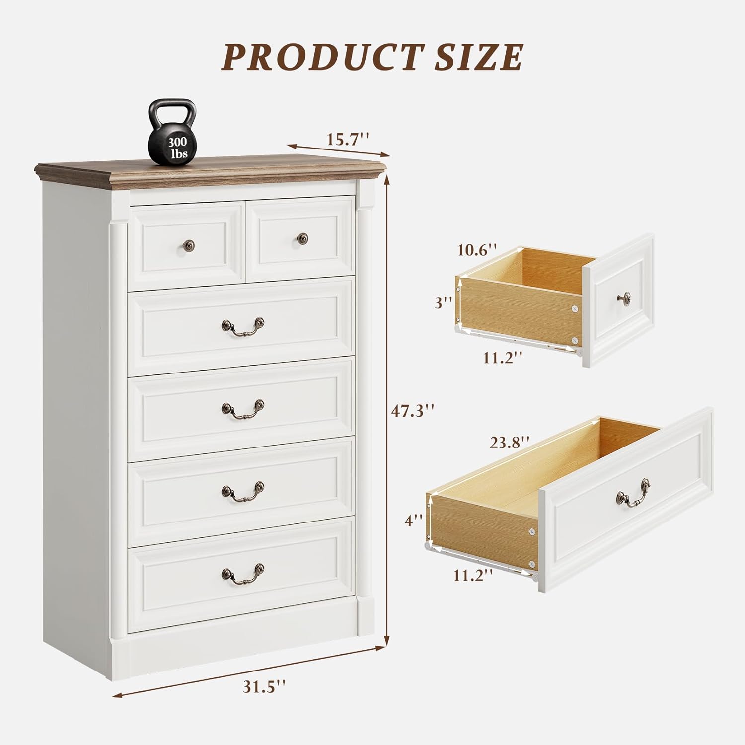 Concho Farmhouse 6 Drawers Dresser for Bedroom, Tall Wood Chest of Drawers with Spacious Deep Storage Space, Rustic Storage Dressers Organizer, TV Stand for Living Room, Bedroom, Antique White - Image 2