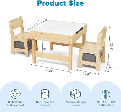 Miniatura 3 de OOOK Juego de mesa y silla 3 en 1 para niños, juego de mesa y silla para niños pequeños con mesa de doble cara y cajón de almacenamiento, mesa de