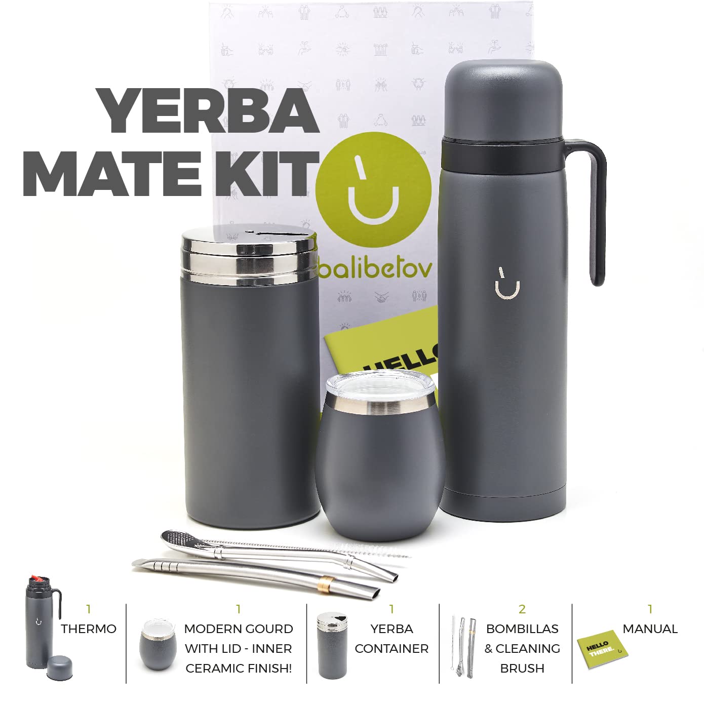 BALIBETOV Set completo Yerba Mate – zucca moderna, thermos sottovuoto, contenitore per yerba, bombilla e spazzola per la pulizia inclusi, in acciaio inox 304 18/8 di alta qualità (grigio)