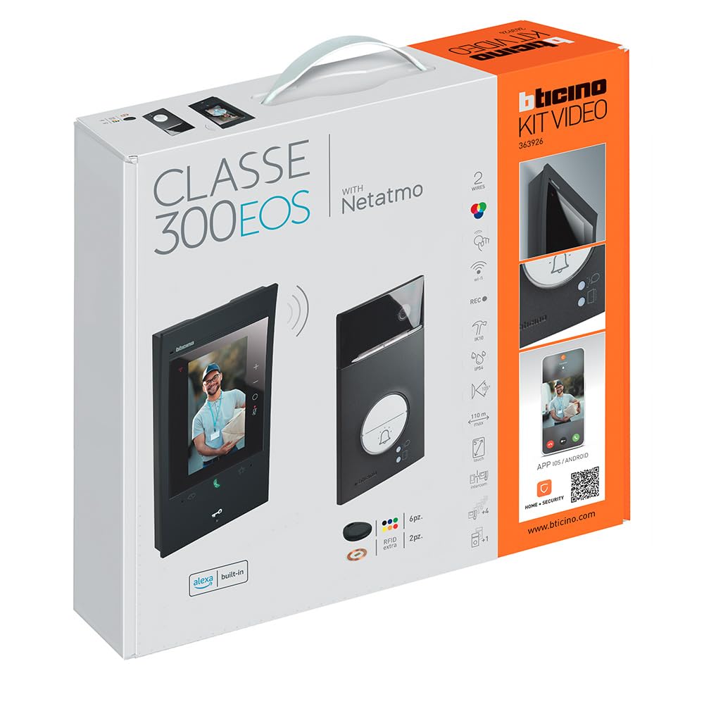 BTICINO Kit d'interphone vidéo connecté Classe 300 EOS WiFi avec Netatmo, prêt à installer, moniteur noir 2 fils et plaque de rue Linea noire, 363926