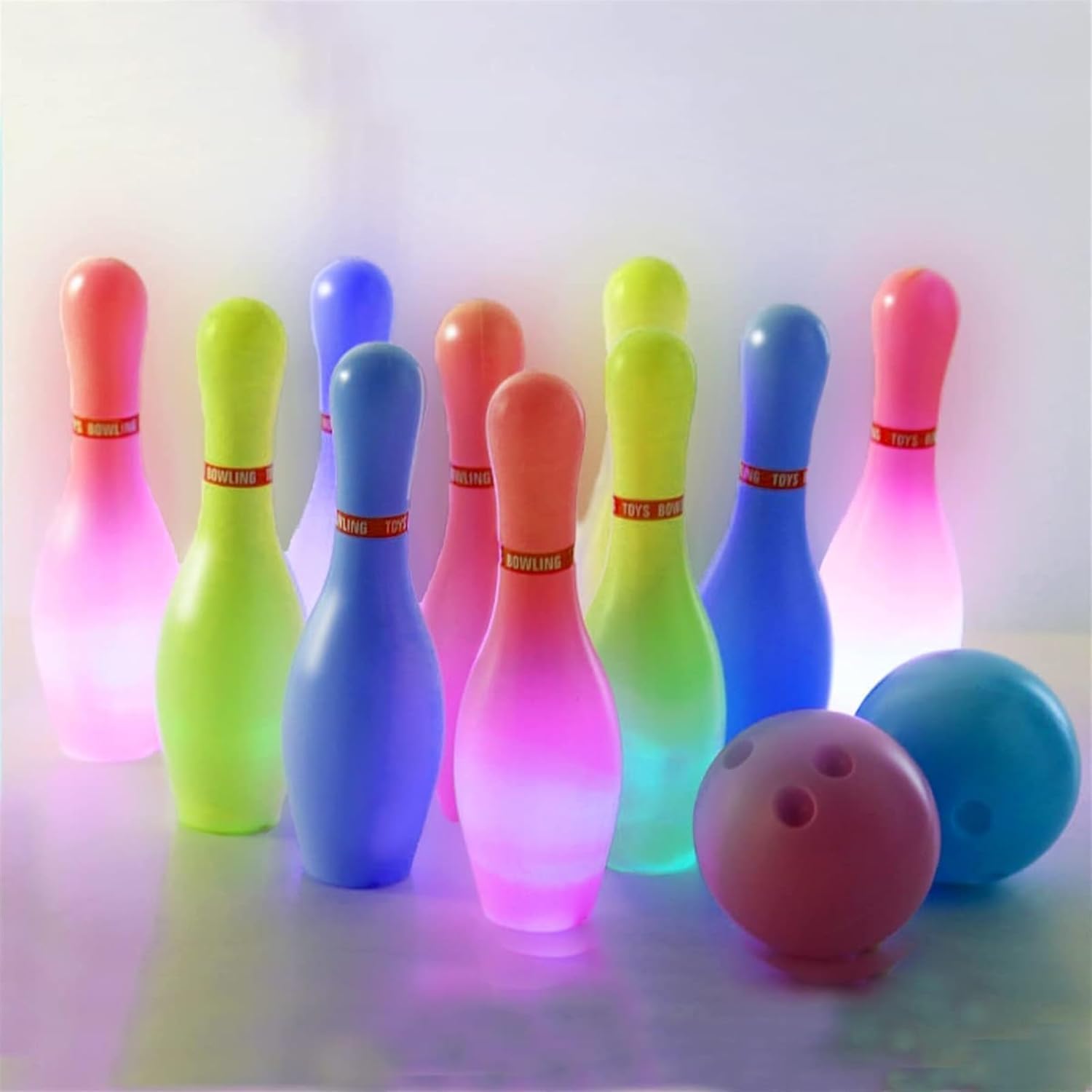 THE WHITE SHOP Kids Light up Bowling Ball Toys Set,Bowling Pins Toy Game with 10 Pins & 2 Balls Fun Sports Games for Kids Toddler Indoor & Outdoor Boys Girls Children 3 4 5 6 Years