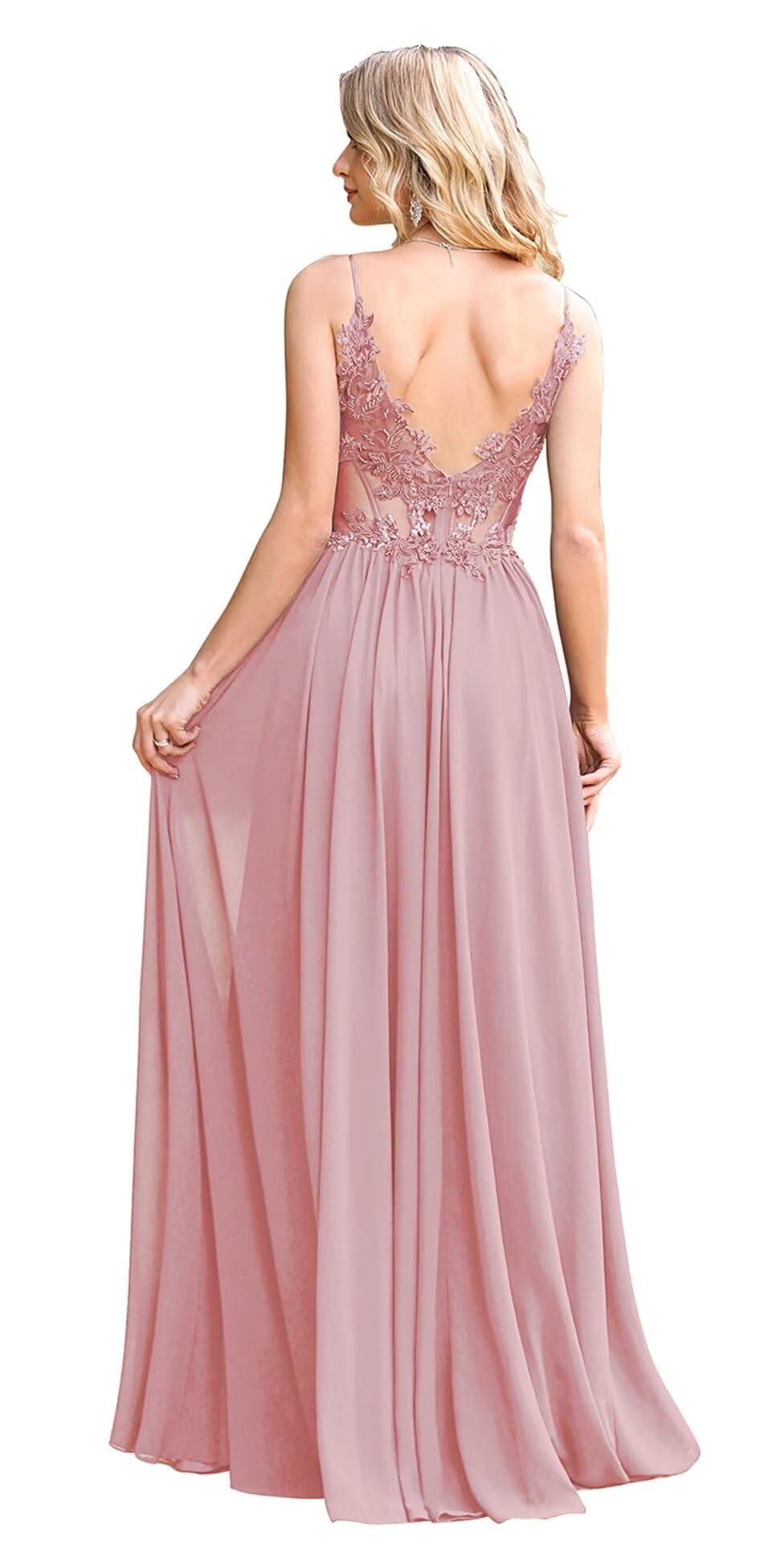 Misshow Luxuriöses Abendkleid für Zeremonie, lang, Pailletten, Perlen, mit Applikationen aus floralem Chiffon, Rosa, 42