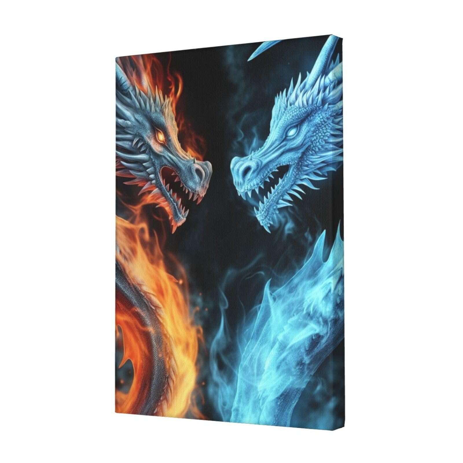 KLOPH Ice and Fire Dragons Canvas Wall Art for Living Room 12"x18" Modern Artwork Painting for Bathroom Hanging Canvas Prints Aesthetic Wallart for Bedroom Kitchen Office Wall Decor