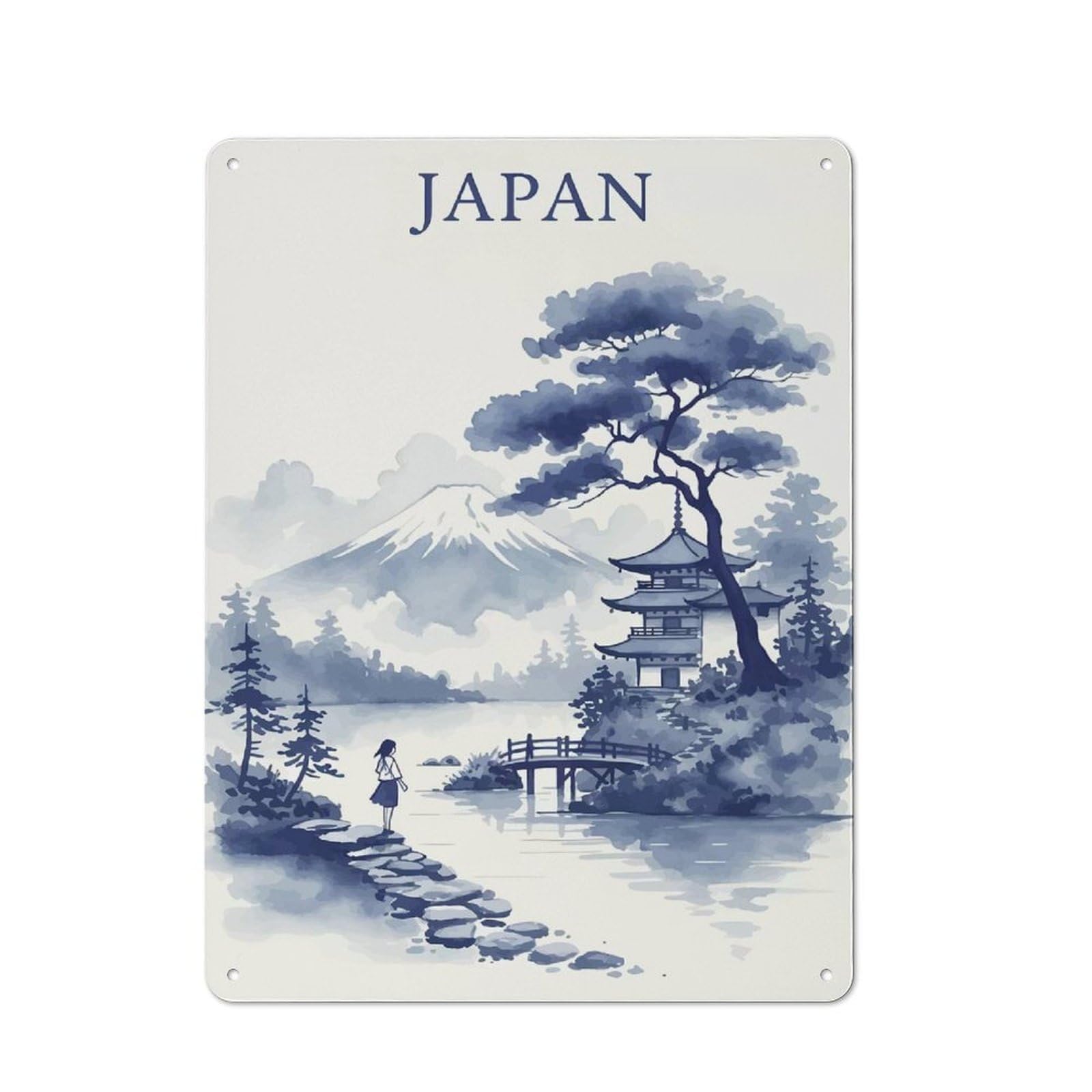 Junmoney Style-11 Modern Retro Decorative Metal Plaque 40X30cm Featuring Japanese Landscape With Pagoda And Mount Fuji, Loft Wall Plaque For Flat, Bar, Studio Or Gallery Wall