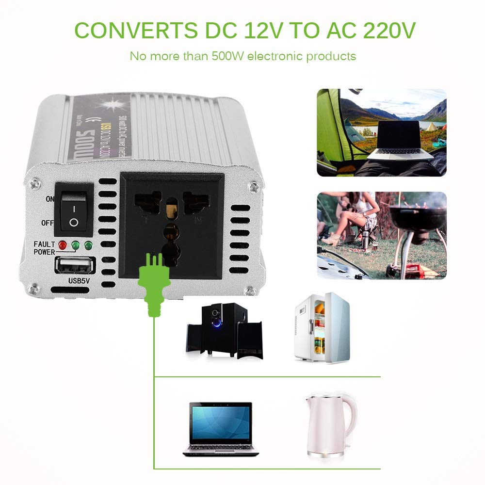 Inverter, Inverter Onda Pura 500W Inverter 12 V 220 V trasformatore di tensione Charger DC 12V a 220V AC convertitore di potere con USB Alimentatore da auto Potenza di picco 1000W
