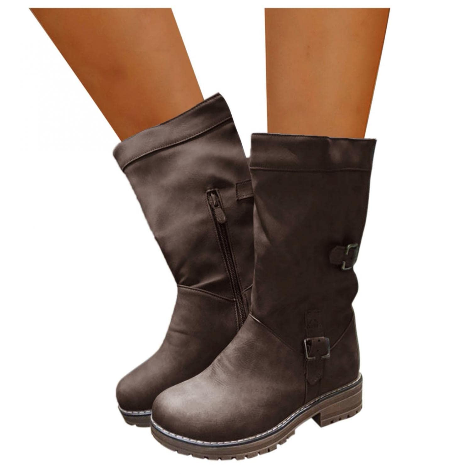 Stivali da Donna in Pelle Piatta Comoda Fibbia con Cerniera Scarpa da Cowboy con Tacco Basso Cavaliere