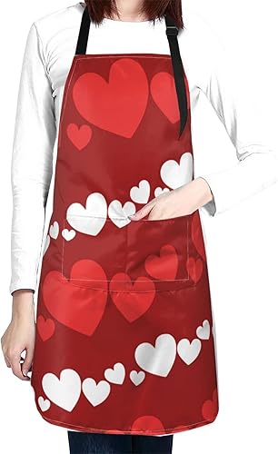 Mvirnsw Delantal de cocina con bolsillos para el día de San Valentín color blanco y rojo con corazones ajustable para mujeres y hombres Negro -