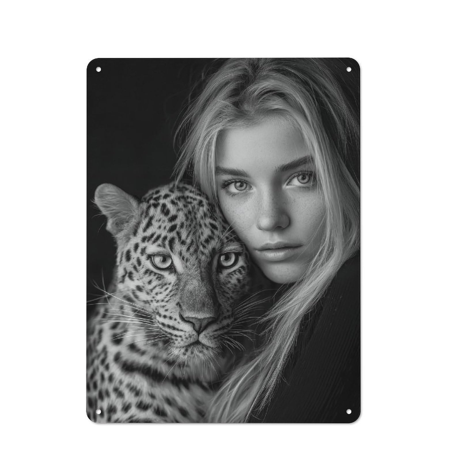 Junmoney Monochrome Portrait Woman And Leopard Retro Tin Sign 40X30cm Featuring For Home Bar Wall, For Collectors Decorating Home Bars And Entertaining Spaces