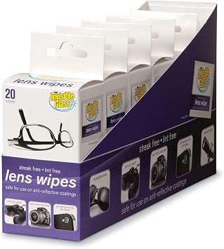 Invisible Glass 90102-6PK Lens Cleaning Wipes Streak-Free, Lint-Free Wipes for Glasses, Camera Lenses, Binoculars & Smartphone Cameras, Safe on Reflective Coatings 20 Count Pack of 6