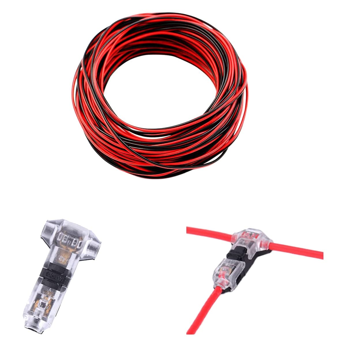 GANMEI Cable rojo y negro de 22 AWG de 65.5 pies y 12 paquetes de 3 vías, 1 pin, tipo T sin soldadura, sin pelar T