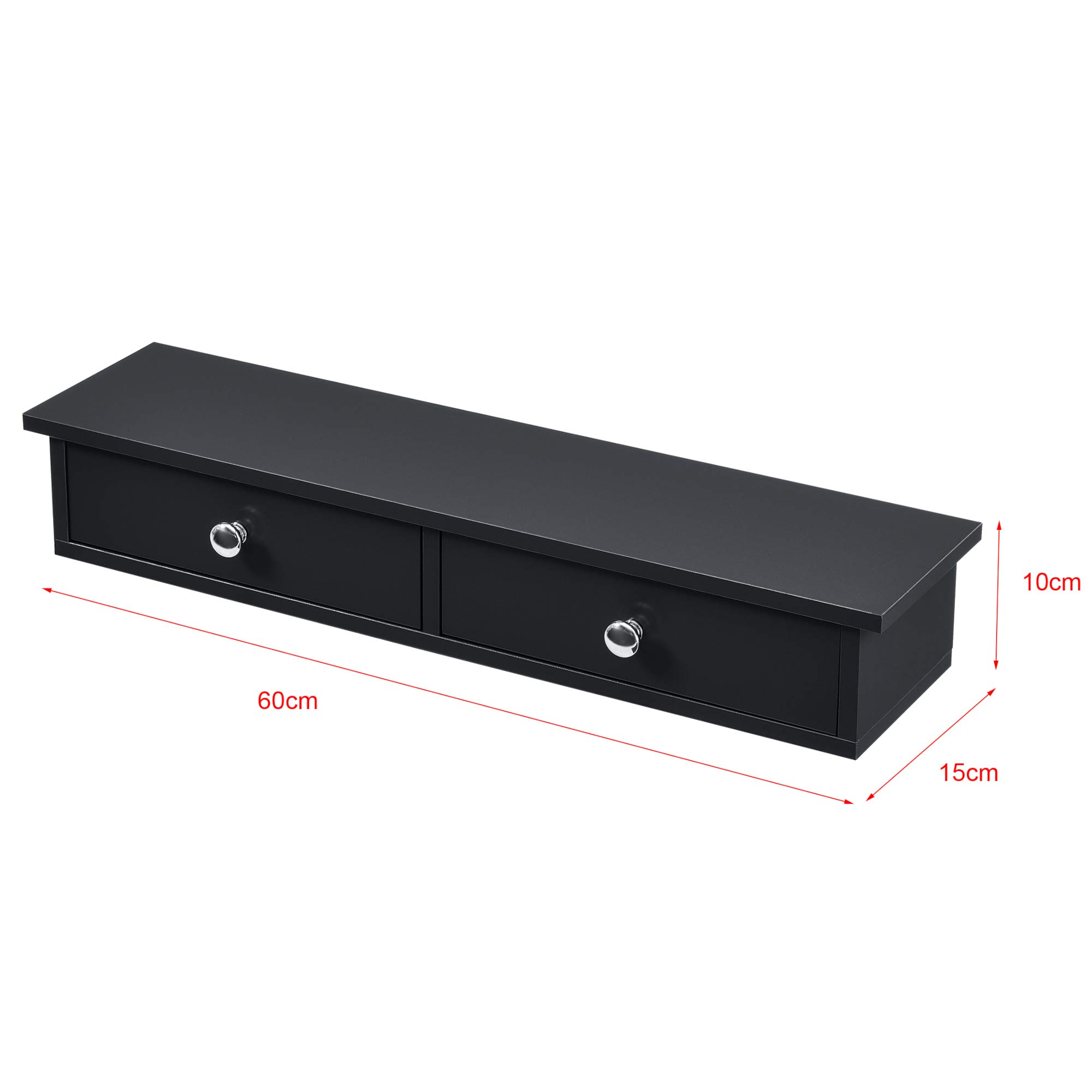 [en.casa] Estantería de pared Geeste con 2 Cajones Mesita de Noche Flotante Estante con Cajón para Recibidor Dormitorio Baño máx.15kg Aglomerado MDF 60 x 15 x 10 cm - Negro
