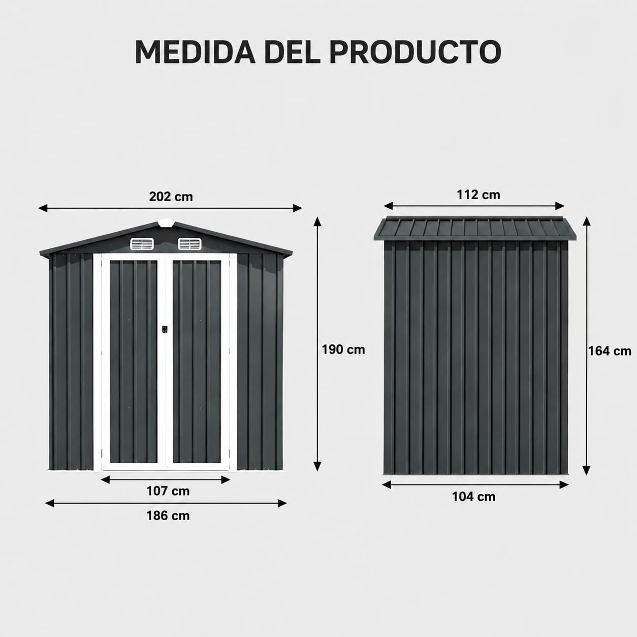 Caseta de Almacenamiento Metálica para Jardín, con Puerta de Apertura Exterior, Estructura Robusta y Espacio Amplio (202 x 112 x 190 cm)