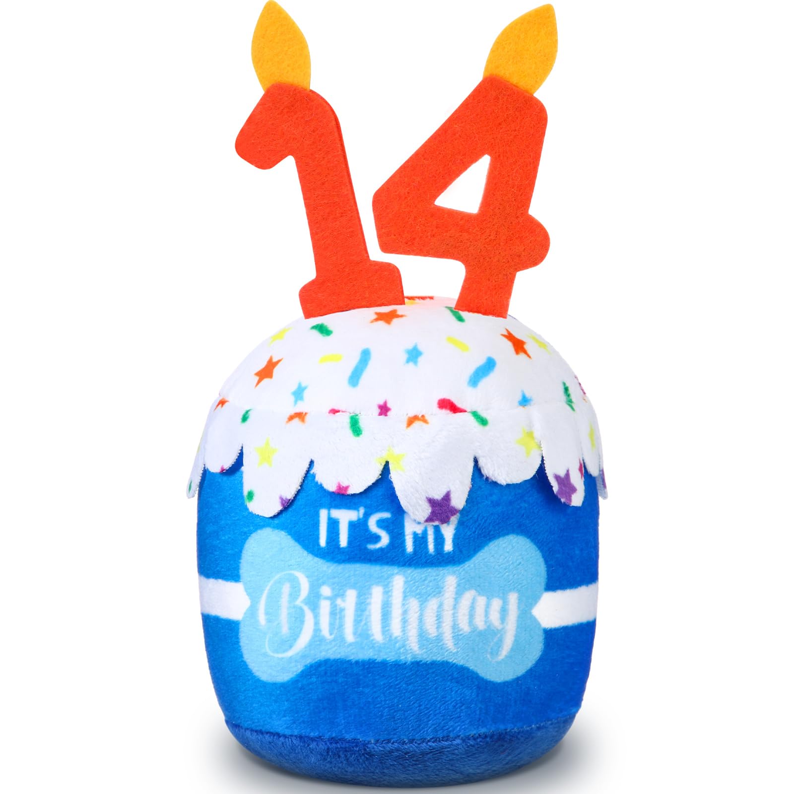 Dansydaisy Dog 14th Birthday Cake Toy Accessories for Girl Boy Gifts, Blue Squeaky Plush Toy for Dog Birthday Party Decor Favor for Large, Medium and Small Dogs