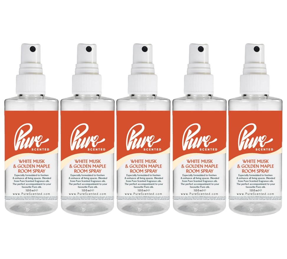 Pure Scented 500ml Room & Fabric Sprays 5 x 100ml Suitable For Home, Car, Caravan, Work, Gym Bags, Odour Eliminators (5 x 100ml, White Musk & Golden Maple)