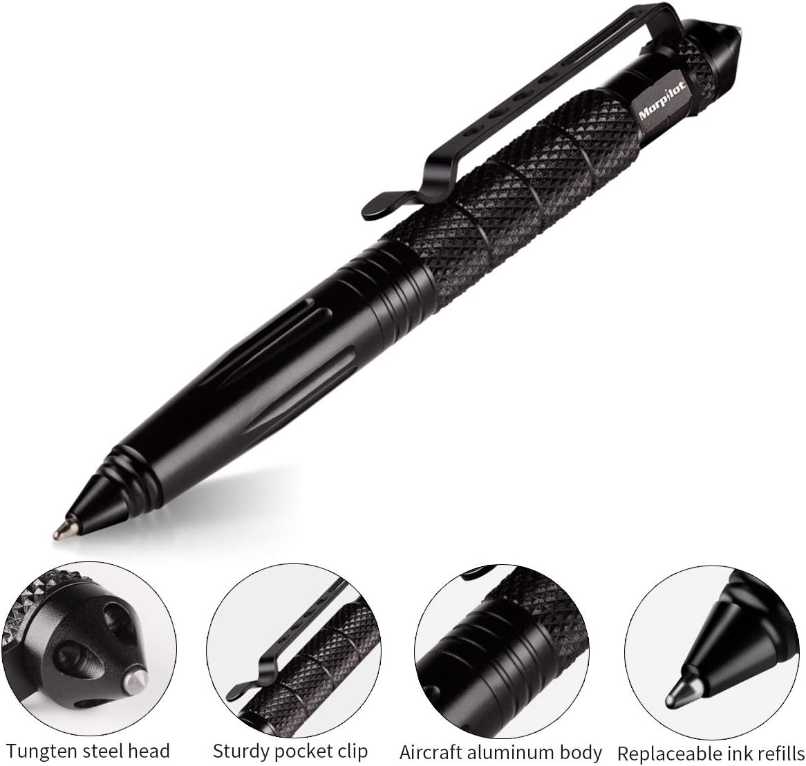 Morpilot EDC Tactical Pen Tactical Flashlight Set Glass Breaker Self Defense Survival Tool Gear with Black Ballpoint Ink Refill 5 Modes 400LM Flashlight
