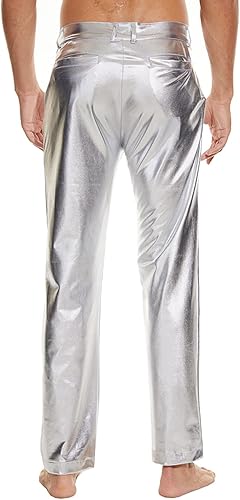 Miniatura 6 de Pantalones de discoteca metálicos brillantes para hombre, pantalones de cuero para fiesta de baile de estilo mojado, pantalones de cuero de los años