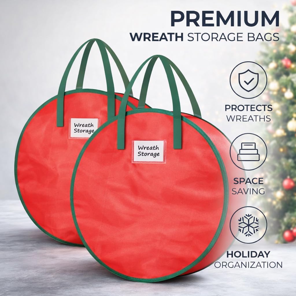 2-Pack Wreath Storage Bags, Red Holiday Organizers for Christmas Wreaths, Protects & Saves Space, Durable Fabric with Handles, Seasonal Decor Storage (Red)