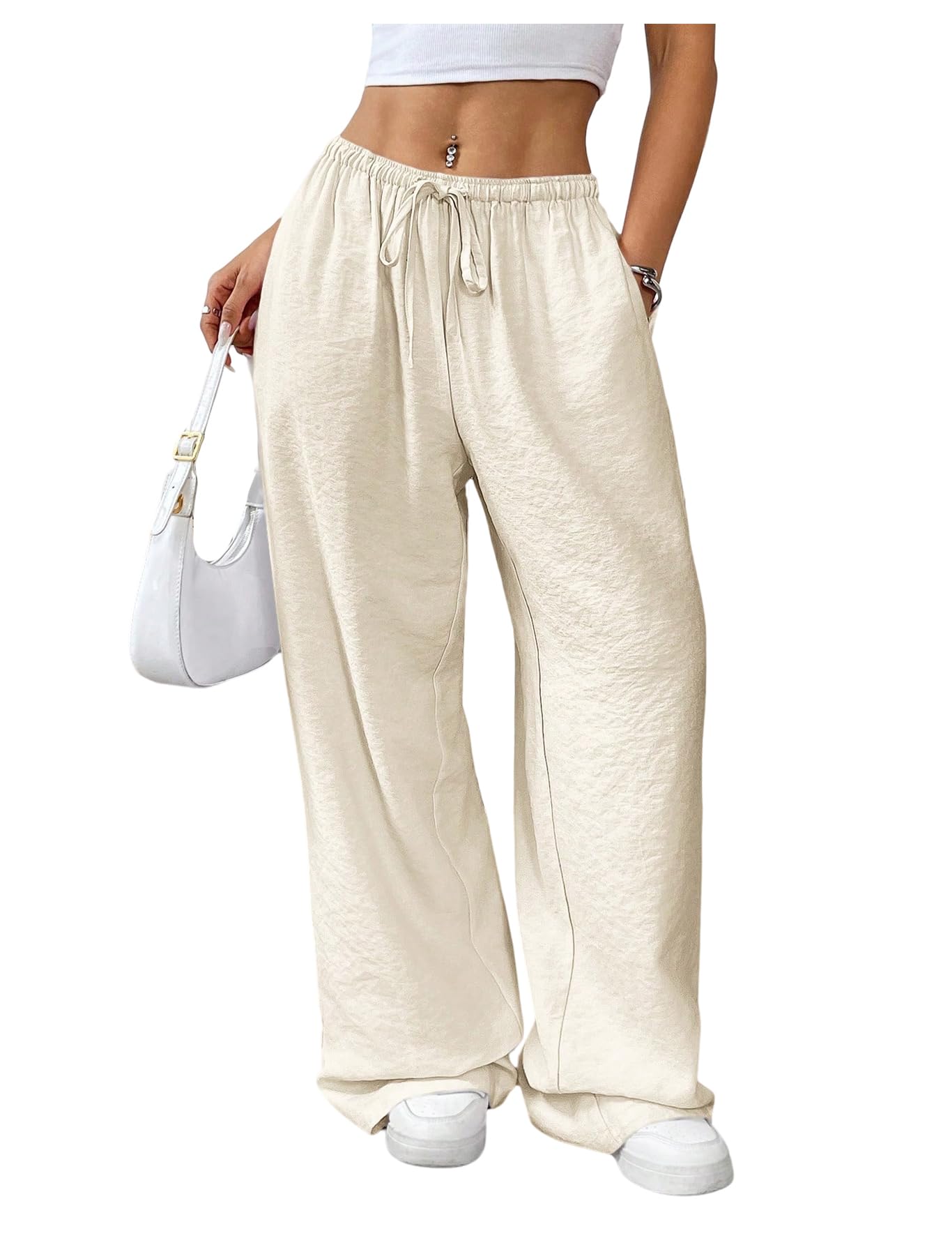 SHENHE Womens Wide Leg Low Rise Pants Drawstring Elastic Waist Casual Loose Trousers