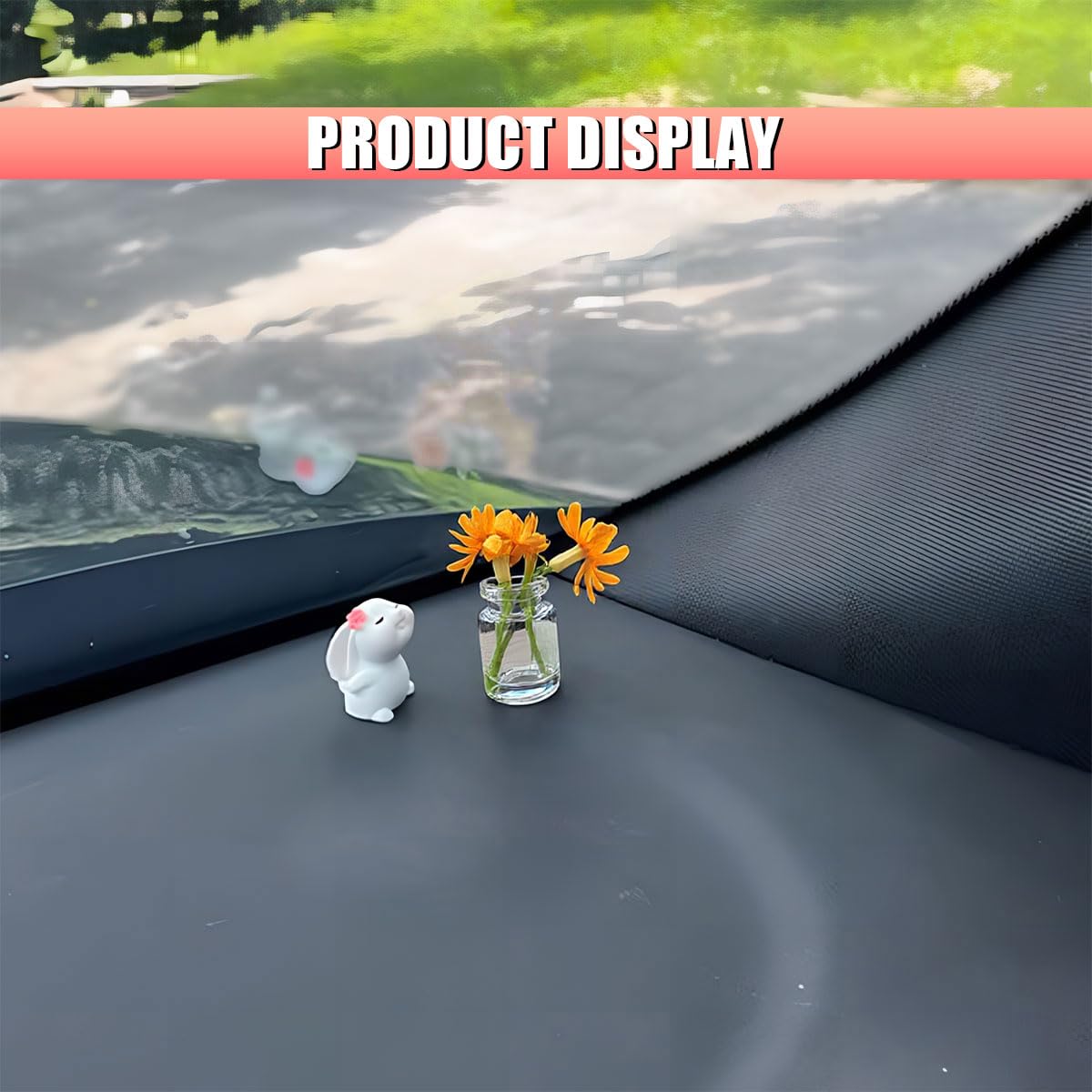 Cute Rabbit Car Dashboard Decorations Funny Bunny Rear View Mirror Accessories with Daisy Flower Aesthetic Decorations Interior Ornament — view 3