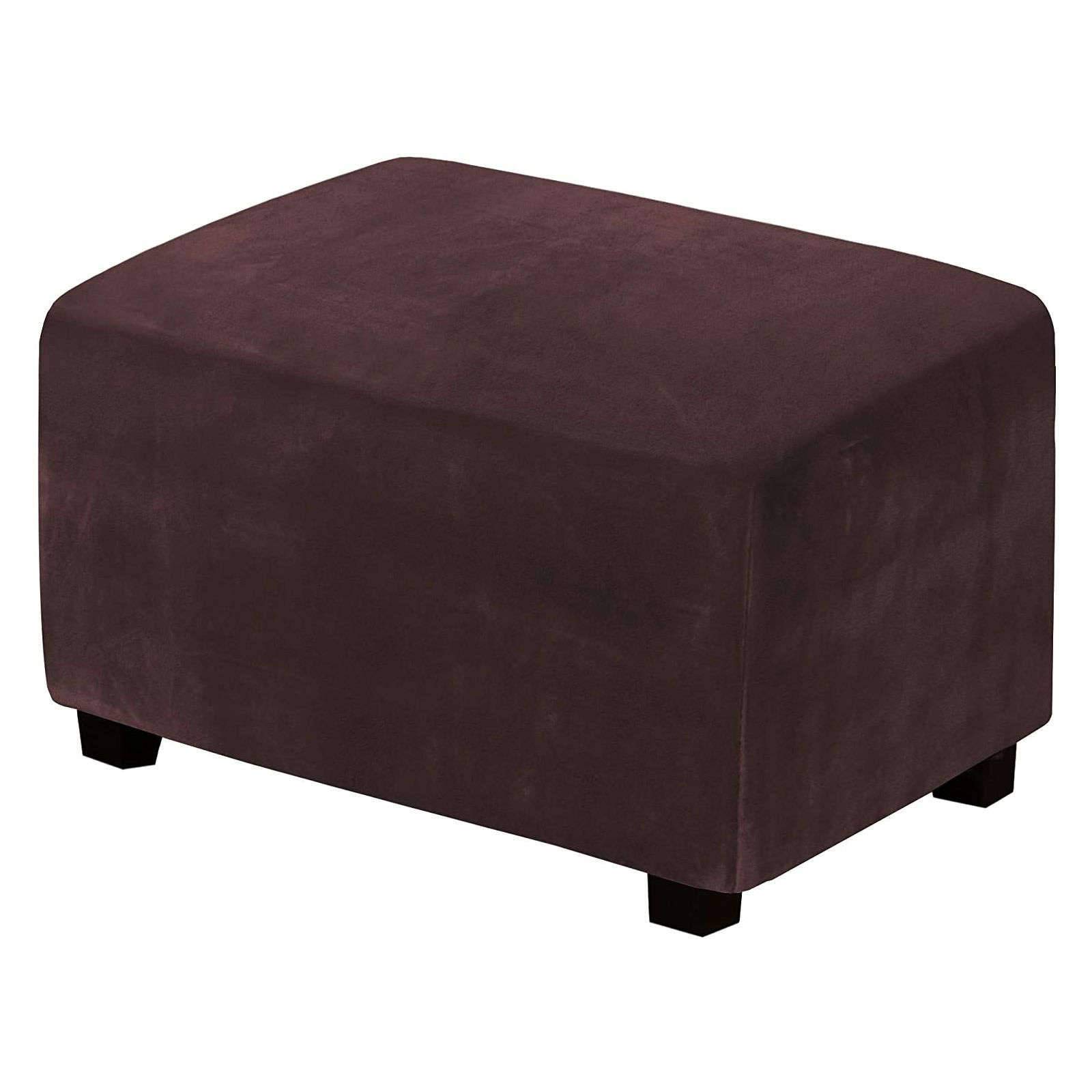 JHLD Velvet Ottoman Cover, Solid Color Stretch Ottoman Cover Rectangle Ottoman Slipcover With Stretch Bottom For Living Room-Brown A-Large