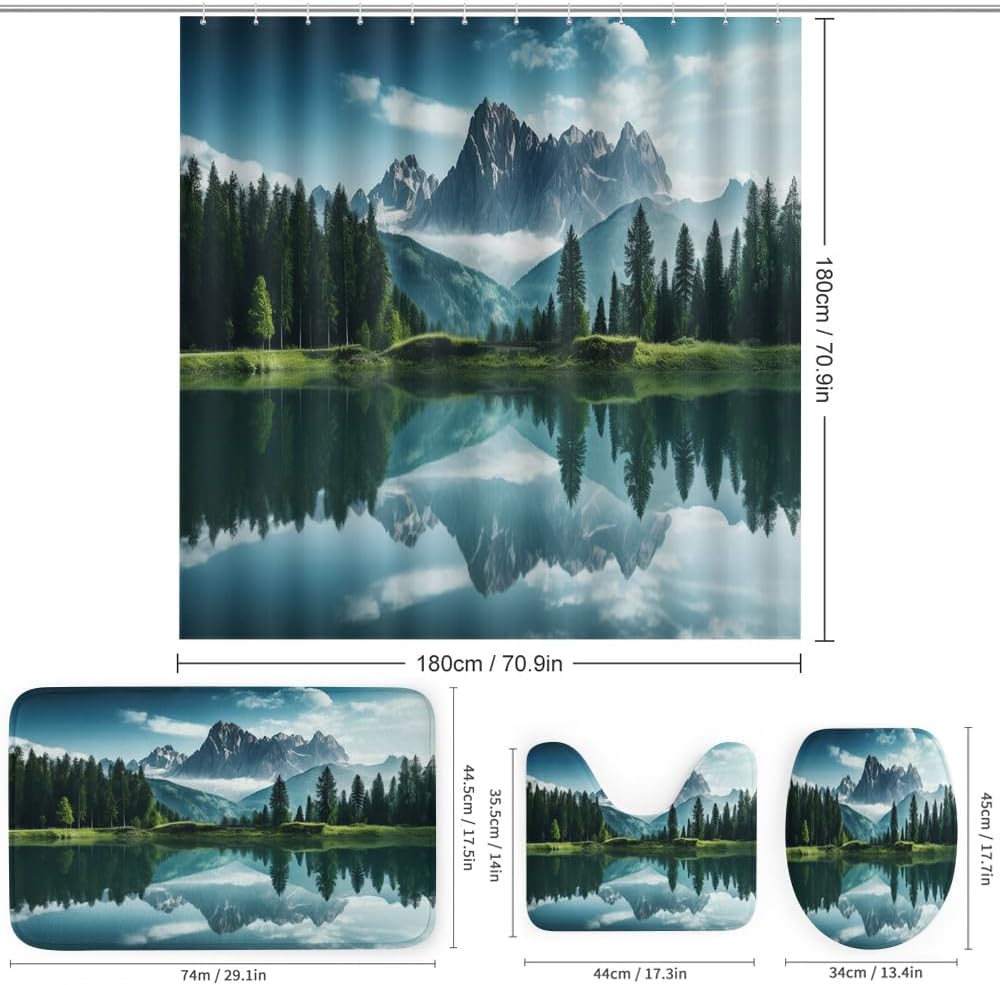 4 Pcs Beautiful Lake Scenery Shower Curtain Bathroom Set with Rugs, Country Tree Nature Mountain Shower Curtain with 12 Hooks, Toilet Lid Cover and Bath Mat for Bathroom Decor Set